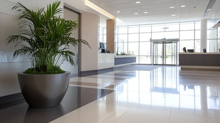 Aufkleber - Modern office lobby interior with large windows, polished floor, and a large potted palm plant near a reception desk. : Generative AI