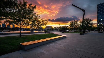 Poster - Serene sunset cityscape view from a park bench, overlooking a calm waterfront with modern buildings and vibrant orange and purple sky. : Generative AI