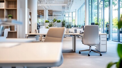 Poster - Modern office interior with sleek desks, comfortable chairs, and large windows offering a view of green trees, creating a bright and productive workspace. : Generative AI