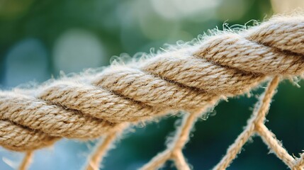 Poster - Close-up view of a thick, beige rope, intricately woven with visible fibers, set against a blurred green background. The texture is rough and slightly fuzzy. : Generative AI