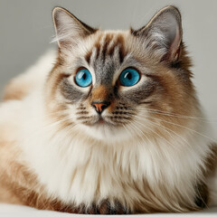 Poster - Close-up portrait of a ragdoll cat with striking blue eyes, fluffy white and brown fur, looking slightly to the side, against a neutral gray background.