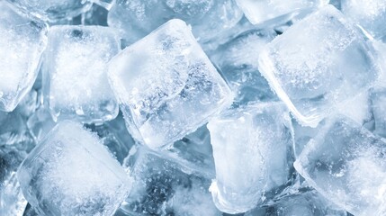 Poster - Close-up view of a pile of translucent ice cubes, each with a frosty texture, creating a cool and refreshing visual. : Generative AI