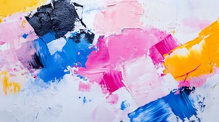 Poster - Abstract painting with vibrant pink, blue, yellow and black strokes on white canvas.  Thick impasto texture creates dynamic visual energy. : Generative AI
