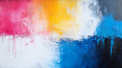 Fototapete - Abstract painting with vibrant pink, yellow, blue, and gray hues, featuring textured brushstrokes and dripping paint effects, creating a dynamic and expressive artwork. : Generative AI