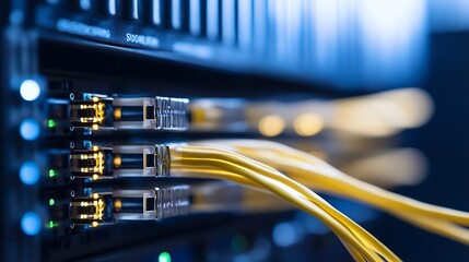Aufkleber - Close-up view of fiber optic cables connected to a server rack, showcasing the intricate details of network infrastructure and high-speed data transfer technology. : Generative AI