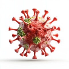 Aufkleber - Microscopic view of a deadly virus with a red exterior and green infected spots floating in a blank white space represents disease growth.