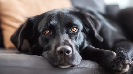Poster - Close-up portrait of a black labrador retriever dog resting its head on a leather couch, showing its expressive amber eyes and dark fur. : Generative AI