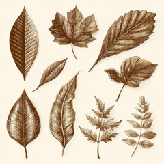 Poster - Collection of detailed hand-drawn botanical illustrations featuring various leaves, including maple, fern, and other foliage, rendered in sepia tones on a cream background.