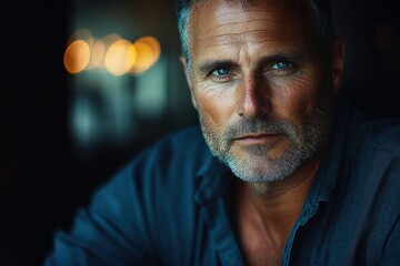 Aufkleber - A contemplative middle-aged man with salt and pepper hair, wearing a dark teal shirt, stares intently at the camera.