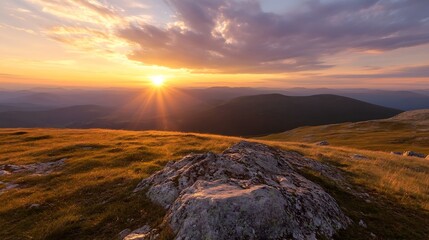 Poster - Majestic sunset over rolling mountain range, golden hour light illuminating grassy hills and rocky outcrop, serene landscape photography. : Generative AI