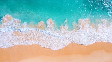 Poster - Aerial view of turquoise ocean waves gently breaking on a sandy beach, creating a serene and picturesque coastal scene. : Generative AI