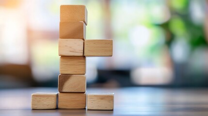 Aufkleber - Wooden blocks stacked in an L shape on a table, against a blurred background of green and orange hues.  The blocks are light beige and show subtle wood grain. : Generative AI