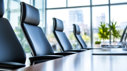 Fototapete - Modern conference room with empty black leather chairs around a large wooden table, overlooking a city skyline through large windows. : Generative AI