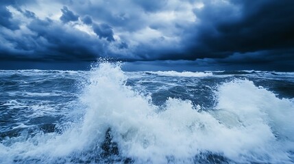 Poster - Dramatic ocean waves crashing under a stormy, dark blue sky.  White foam bursts from the powerful waves, creating a breathtaking seascape. : Generative AI