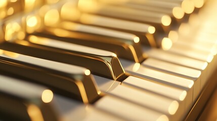 Fototapete - Close-up view of a golden piano keyboard illuminated by warm, soft light, showcasing the smooth, reflective surface of the keys and the subtle bokeh effect in the background. : Generative AI