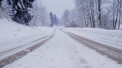 Aufkleber - Snowy country road winding through a winter forest, tire tracks visible on the snow-covered surface, trees laden with snow, tranquil winter scene. : Generative AI