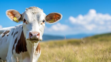 Poster - Close-up portrait of a young, curious cow in a sunny pasture, gazing directly at the camera.  Brown and white markings, yellow ear tags visible. : Generative AI