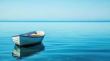 Poster - A small white rowboat floats serenely on a calm, turquoise sea under a pale blue sky, creating a peaceful and tranquil scene. : Generative AI