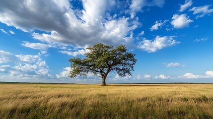Poster - Single tree standing in a vast golden field under a vibrant blue sky with fluffy white clouds, a serene and peaceful landscape. : Generative AI