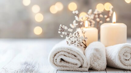 Leinwandbilder - Spa treatment concept: Rolled beige towels, lit candles, and delicate white flowers on a rustic white wooden surface, with a soft bokeh background. : Generative AI