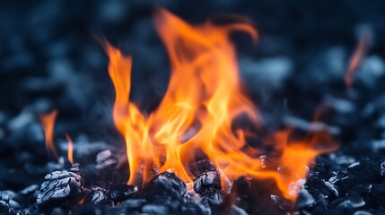 Aufkleber - Close-up view of vibrant orange flames dancing over dark gray embers, creating a dramatic contrast of warm and cool tones.  The texture of the charcoal is visible, adding depth to the  : Generative AI