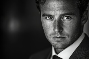 Poster - A black and white portrait of a man, showcasing his intense gaze and sharp features.