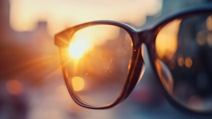 Poster - Close-up view of eyeglasses reflecting a vibrant sunset, showcasing warm orange and yellow hues, blurred city backdrop. : Generative AI