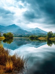 Fototapete - Tranquil Lake Reflecting Mountains and Cloudy Sky During a Serene Moment in Nature Generative AI