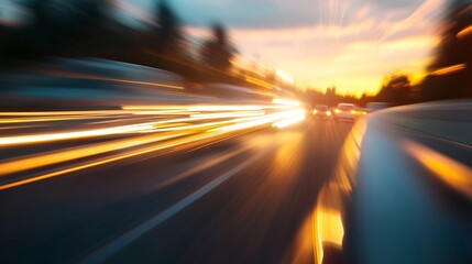 Poster - Driving at sunset, fast motion blur effect showing streaks of light from car headlights and taillights on a highway, warm sunset colors. : Generative AI