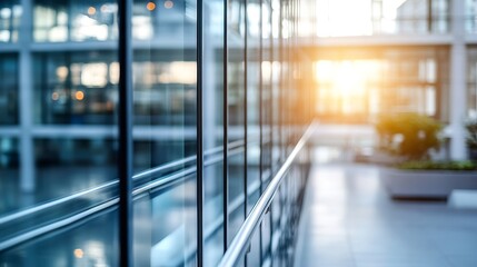 Aufkleber - Modern office building hallway with glass walls and stainless steel handrail, sunlit interior space, blurred background. : Generative AI