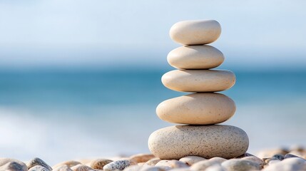 Leinwandbilder - Serene stack of five smooth, light beige stones balanced on a beach against a blurred ocean backdrop, conveying tranquility and balance. : Generative AI
