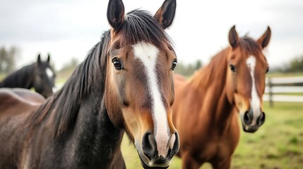 Poster - Close-up portrait of a bay horse with a white blaze, standing in a pasture with other horses in the background.  The horse's expression is calm and gentle, showcasing its beautiful coa : Generative AI