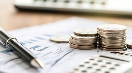 Poster - Close-up of stacked coins on financial documents, alongside a pen and calculator, suggesting concepts of finance, budgeting, and wealth management. : Generative AI