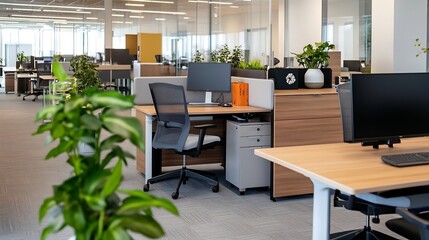 Aufkleber - Modern office workspace featuring light wood desks, ergonomic chairs, and potted plants, creating a bright and productive atmosphere. : Generative AI
