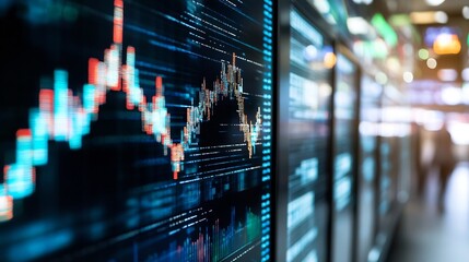 Leinwandbilder - Close-up view of a digital screen displaying dynamic stock market data, vibrant colors illuminating the complex financial charts and figures. : Generative AI
