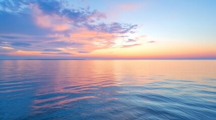 Aufkleber - Serene sunset over calm ocean waters, pastel pink and blue sky, distant landmass on horizon. Peaceful, tranquil seascape. : Generative AI