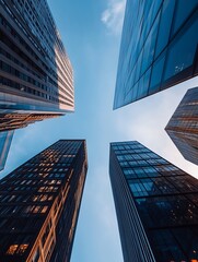 Poster - Low angle view of four modern skyscrapers reaching towards a clear blue sky, showcasing architectural details and glass facades reflecting the sunlight. : Generative AI