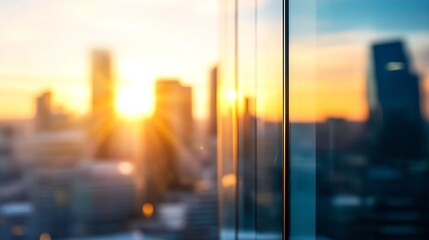 Poster - Sunset cityscape view through modern glass building facade, showcasing blurred city skyline and warm golden hour light. : Generative AI
