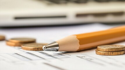 Aufkleber - Close-up of a yellow pencil resting on a financial document, with coins nearby suggesting budgeting or accounting tasks. : Generative AI
