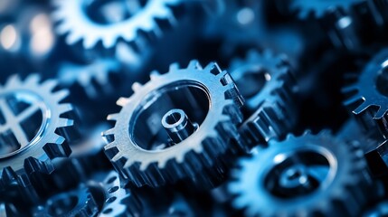 Aufkleber - Close-up view of intricately detailed metal gears, showcasing their complex interlocking mechanisms and deep blue tones, ideal for industrial or technology themes. : Generative AI