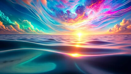 Wall Mural - tranquil sunrise over colorful, dreamlike ocean with swirling nebula sky