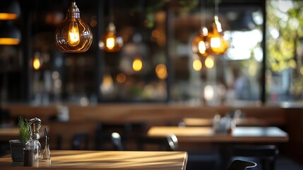 Aufkleber - Warm, amber light illuminates a cafe's inviting wooden table, softly lit by hanging Edison bulbs, creating a cozy atmosphere perfect for relaxation and conversation. : Generative AI