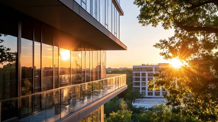 Poster - Modern glass building balcony at sunset, reflecting golden sunlight, overlooking cityscape and lush green trees.  A tranquil urban scene. : Generative AI