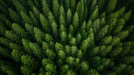 Aufkleber - Aerial view of a dense evergreen forest, showcasing a lush canopy of dark green pine trees from directly above. The image offers a rich texture and pattern. : Generative AI
