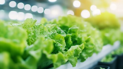 Aufkleber - Close-up view of vibrant green lettuce leaves growing in a hydroponic system, illuminated by bright lights, showcasing healthy, fresh produce. : Generative AI