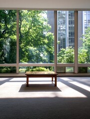 Poster - Modern living room with a low wooden coffee table, sunlight streaming through large windows showcasing lush green trees and a city building. : Generative AI