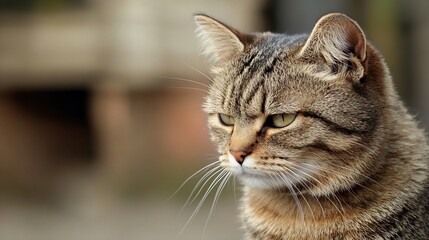 Poster - Close-up portrait of a tabby cat, its gaze directed to the side, showcasing its intricate fur pattern and piercing green eyes. The blurred background enhances the focus on the feline's : Generative AI