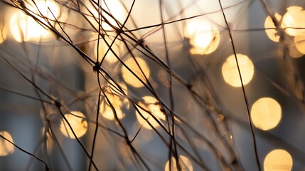 Leinwandbilder - Abstract image of delicate, dried plant stems backlit by warm, golden bokeh lights, creating a dreamy, ethereal atmosphere.  The intricate network of branches and blurred lights evokes : Generative AI