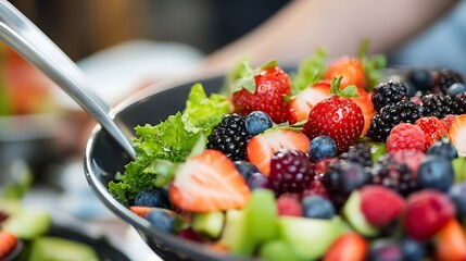 Poster - Close-up of a vibrant fruit salad, featuring strawberries, blueberries, blackberries, and raspberries, served in a dark bowl with fresh lettuce. : Generative AI