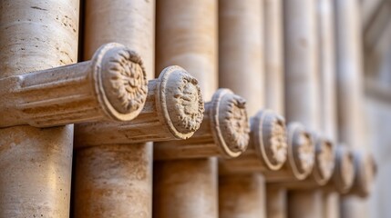 Poster - Close-up view of ornate stone column capitals, exhibiting intricate carvings and a beige, textured surface.  The columns are arranged in a parallel row, creating a repeating pattern of : Generative AI